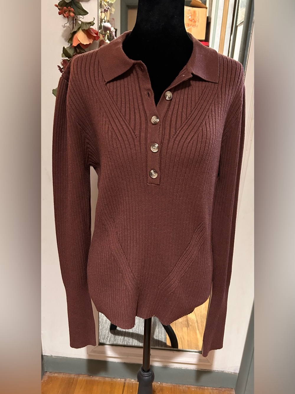 White Birch Ribbed V-Neck Polo Sweater Brown-XL Plus-NWOT